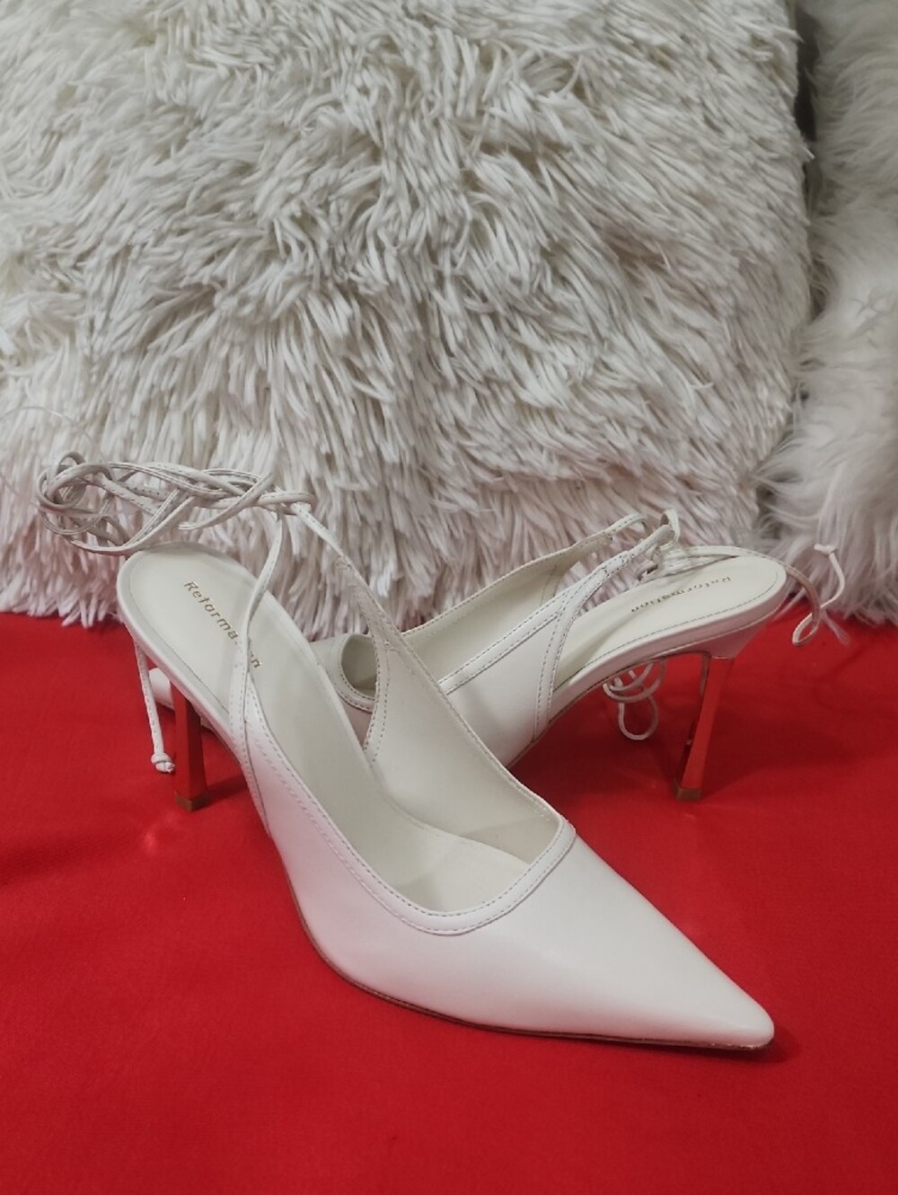 Reformation Paris Heeled White Pointed-Toe Lace-Up Slingback Pump